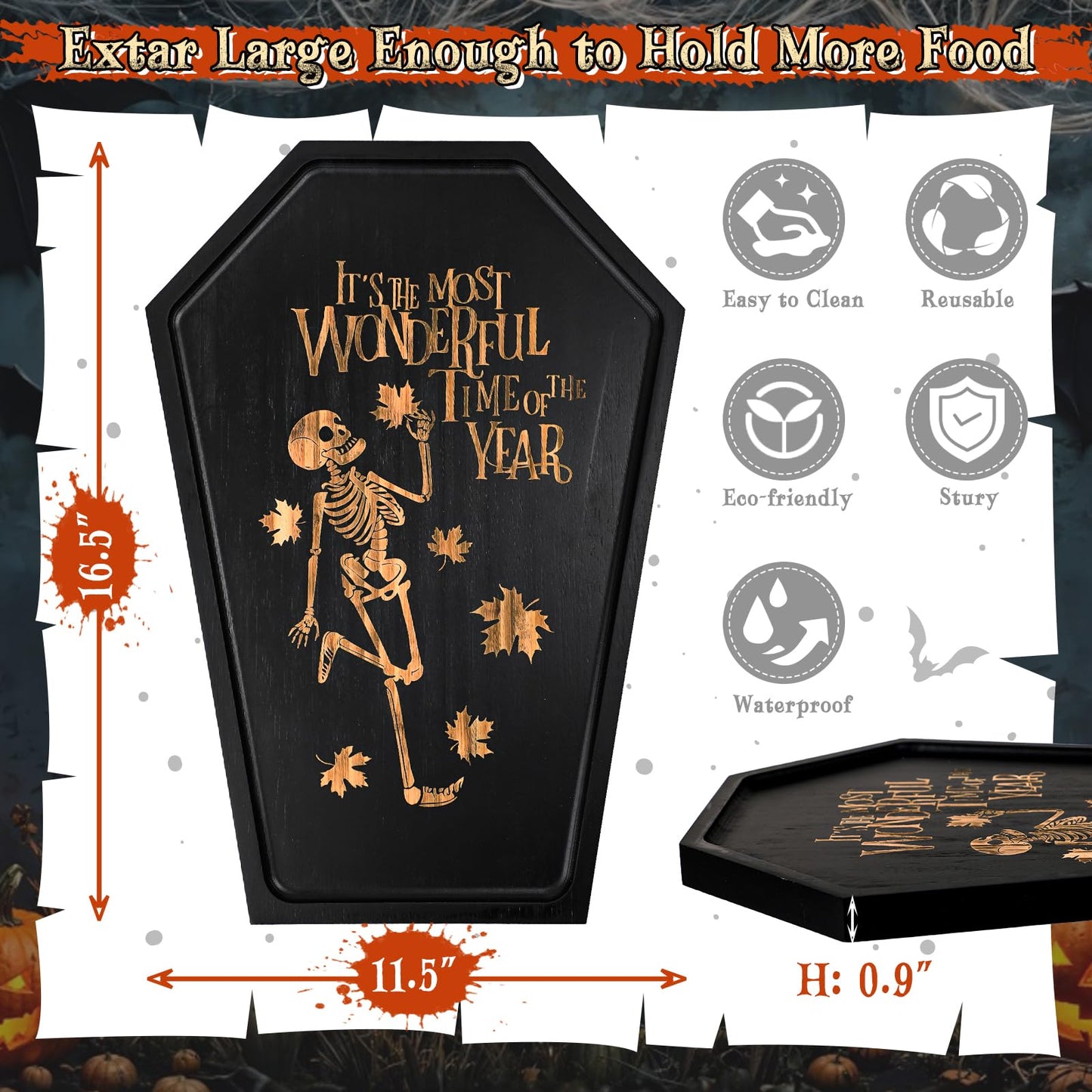Webake Large Coffin Charcuterie Board - New Skeleton Design, 16.5" x 11.5" Spooky Serving Tray for Ample Food Display, Halloween Wooden Meat & Cheese Board, Perfect Spooky Gothic Decor