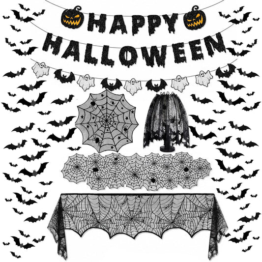 8Pack Halloween Decorations Indoor Halloween Decor, Spider Web Table Cloth/Black Lace Table Runner, Fireplace Mantel Scarf, Cobweb Lampshade with 3D Bat Wall Stickers, Halloween Spooky Home Decor.
