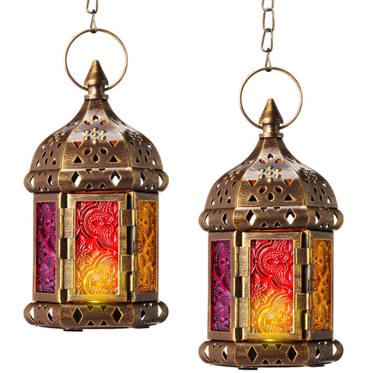 Retisee 2 Pcs 6.7 Inch Moroccan Lantern Decorative Hanging Indoor & Outdoor, Vintage Metal Candle Lantern Holder, Mini Candle Holder, for Table, Patio, Porch, Shelf, Ramadan Eid Ul Fitr Home Decor