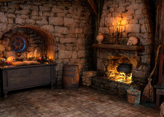 BELECO 7x5ft Fabric Spooky Witch Cottage Backdrop Halloween Magic Room Witch Kitchen Fireplace Magical Potion Books Candle Skulls Sorcerer Photography Background Witch Party Decorations Photo Props