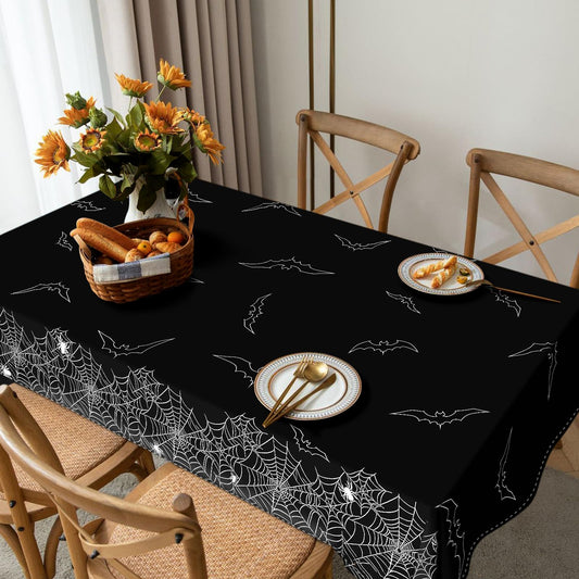 QIALETS 60x120 Inch Halloween Tablecloth Black Spider Web Hollow Bat Cobweb Table Covers for Outdoor Indoor Party Decorations