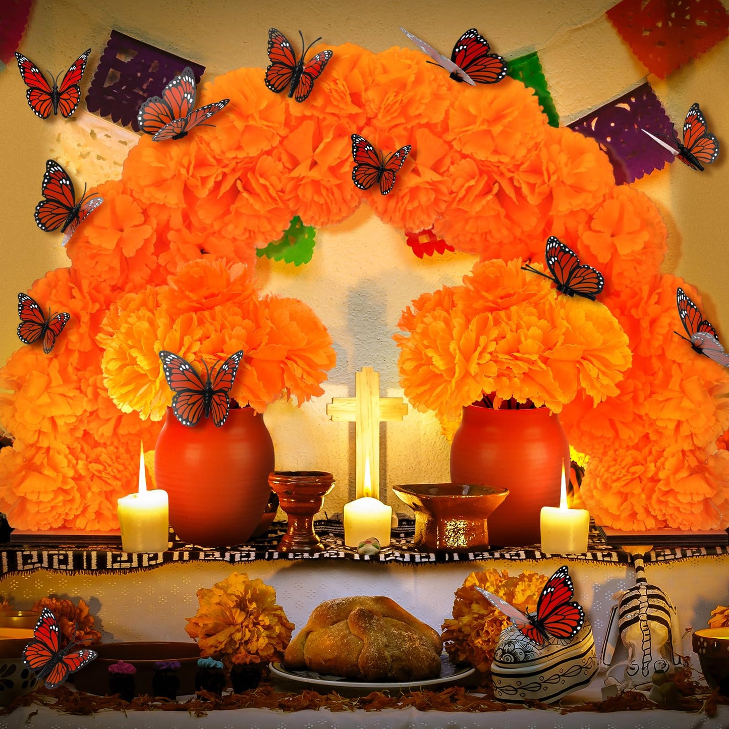Yalikop 28 Pcs Day of The Dead Marigold Arch Kit Dia De Los Muertos Altar Decor Include Marigold Table Arch Garland with 15 Artificial Flower with Stem and 12 Pcs 3D Butterfly for Dia De Los Muertos