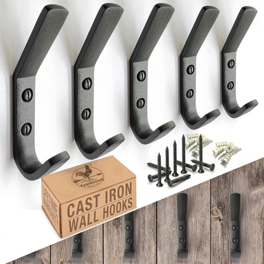Cast Iron Coat Hook (5 Pack) Heavy Duty Modern Farmhouse Entry Wall Hooks for Hanging Coats, Bags, Jackets, Towels (Black, Includes Hardware) (Antique Black)