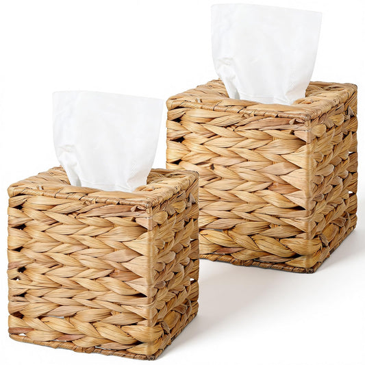 2 Pack Water Hyacinth Tissue Box Holder, Hand Woven Square Tissue Box Cover, Natural Handmade Napkin Boxes Holder, Rustic Decorative Tissues Cover for Table, Bathroom, 5.9 inch