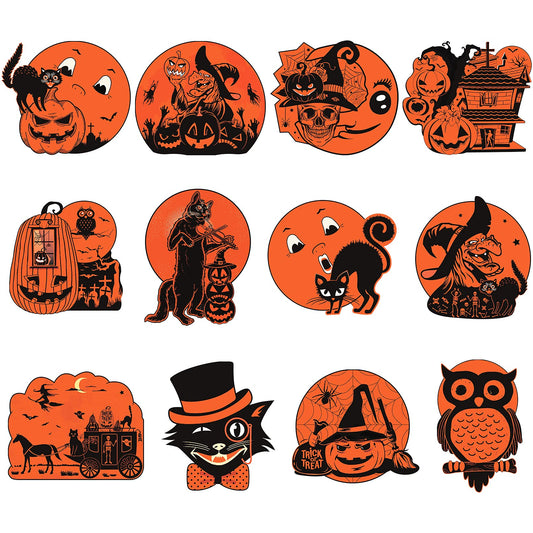 Vintage Halloween Decorations, 12 Pieces Large Size Double Side Laminated Halloween Cutouts for Halloween Party Decorations, Old Style Halloween Wall Window Decor for Retro Halloween Decoration