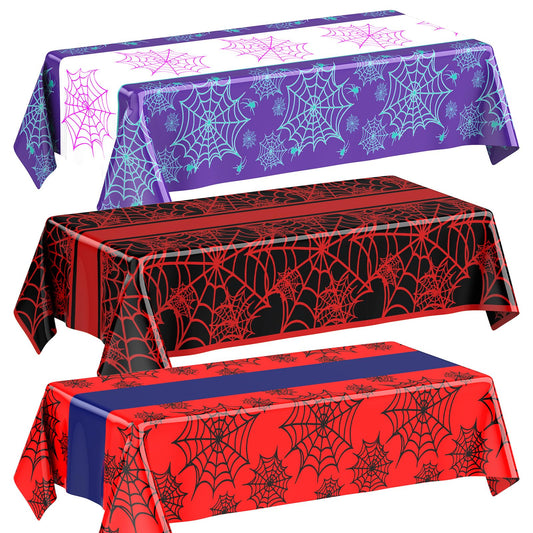 Oudain 3 Pack Spider Theme Birthday Decorations Halloween Purple Black Red Green Pink Web Bat Tablecloth Cartoon Table Cover Party Favor for Birthday(Web,Purple, Black, Red)