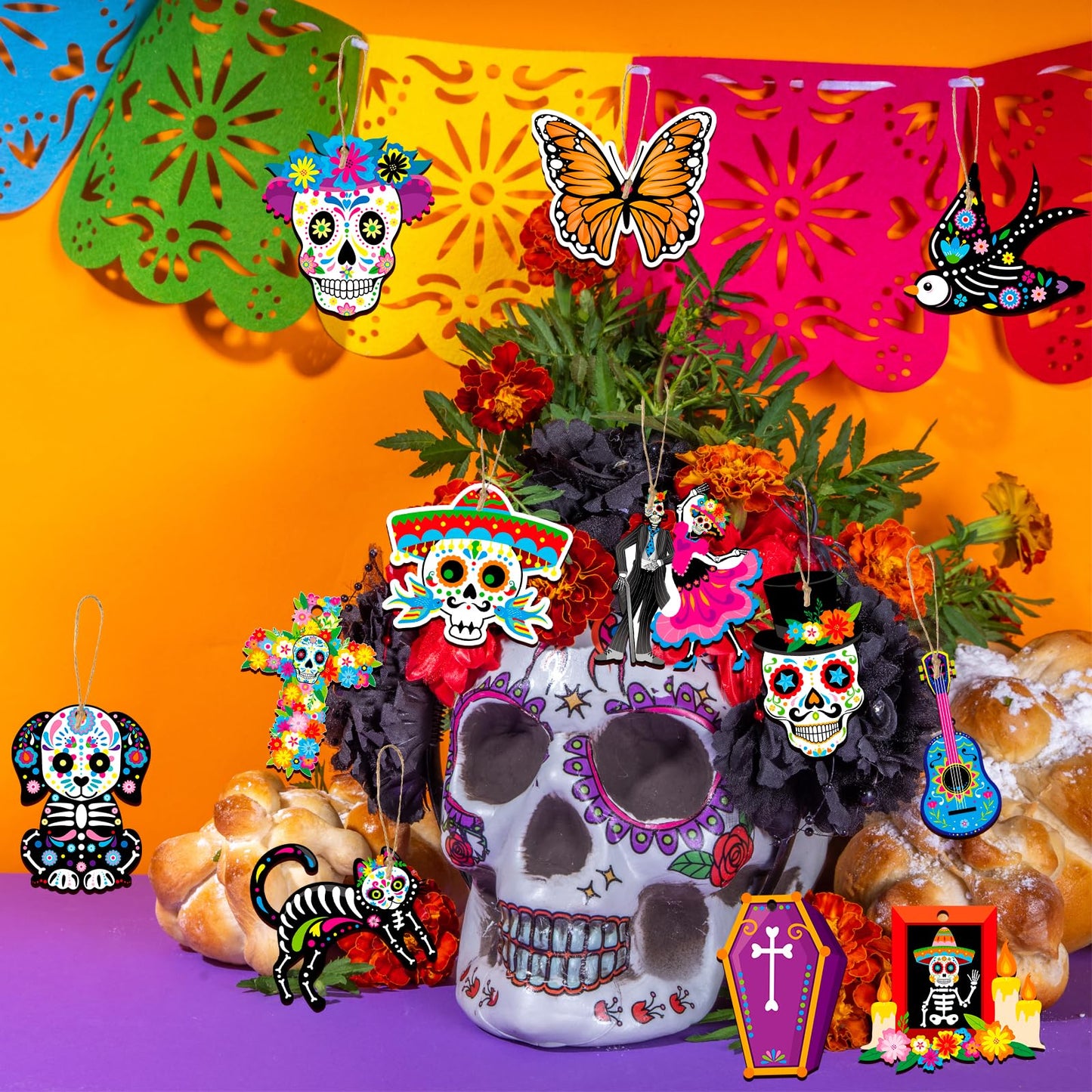 HOWAF 36pcs Day of The Dead Wood Ornaments, Dia De Los Muertos Decorations Hanging Wooden Sign for Mexican Dia de Los Muertos Altar Decor, Black Cats Sugar Skull Marigold Hanging Ornaments