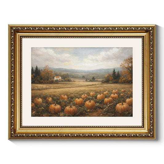 ARPEOTCY Gold Framed Canvas Art, Vintage Fall Decor, 11x14 Inch, Retro Landscape Pumpkin Farm, Neutral Autumn Countryside Decor, Rustic Farmhouse Wall Art for Living Room Kitchen