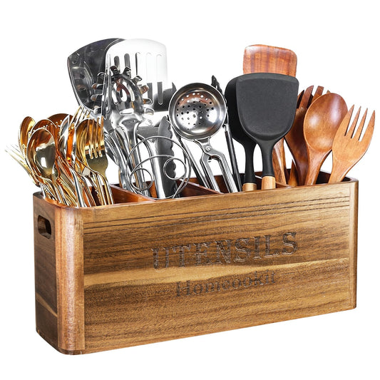 Homcookit Utensil Holder for Kitchen Countertop, Extra Large Acacia Wood Organizer, 4-Compartment Storage for Cooking Tools, Farmhouse-Style Cutlery Holder