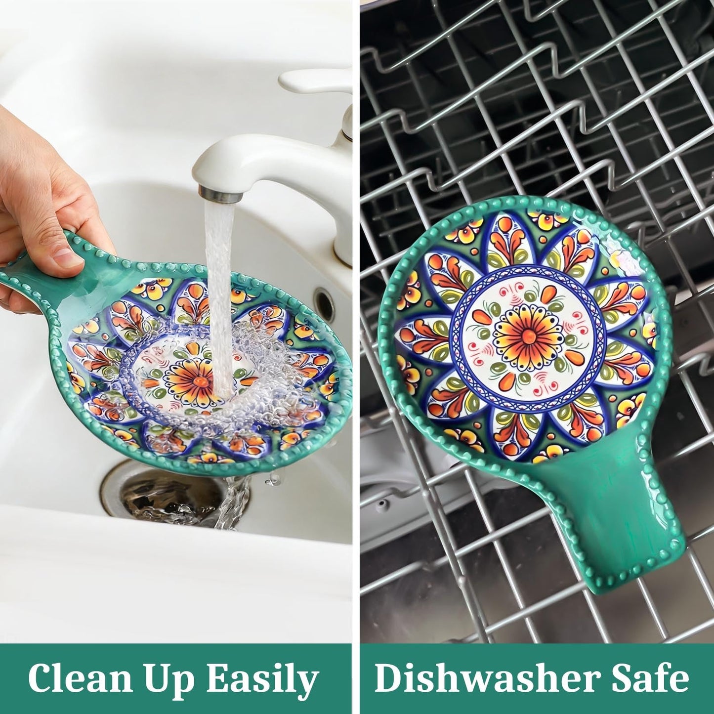 Spoon Holder for Kitchen Counter Ceramic Spoon Rest for Stove Top Large 7.7 Inch Heat-Resistant Cooking Spoon Holder for Coffee Spoon Rest,Spatula or Tongs,Bohemian Green Dishwasher Safe
