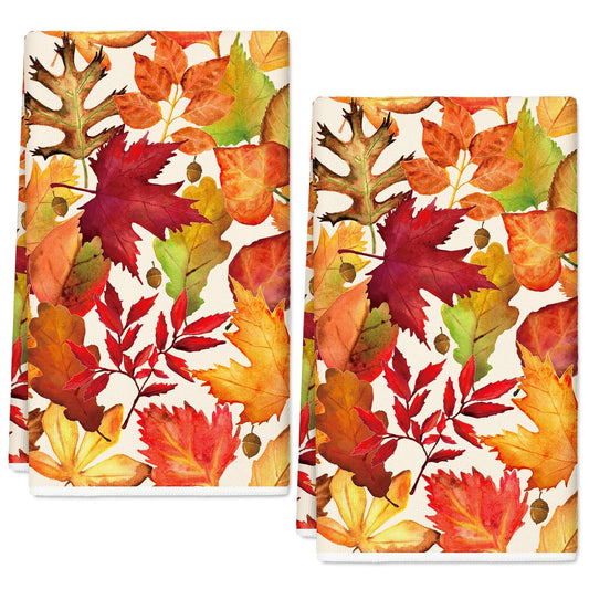Fall Maple Leaf Kitchen Dish Towel 18 x 28 Inch Watercolor Dishcloth Autumn Decorative Hand Drying Tea Towel for Seasonal Thanksgiving Kitchen Bathroom, 2Pcs