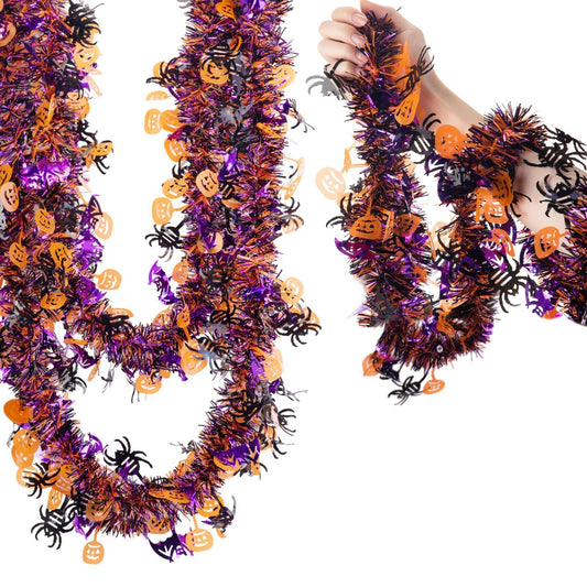 Suncalla 33ft Halloween Tinsel Garland Decor with Funny Pumpkin Black Spider Purple Bats Metallic Twist Garland Wire Hanging Decorations for Home Tree Fireplace Mantle Indoor Outdoor Party