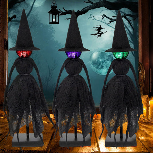 Set of Primitive Witch with Hats, Halloween Decorations Indoor,with 3 LED Colors for Mantel, Spooky Halloween Witch Figurines ，Shelf & Tabletop Decor (3 Pack)