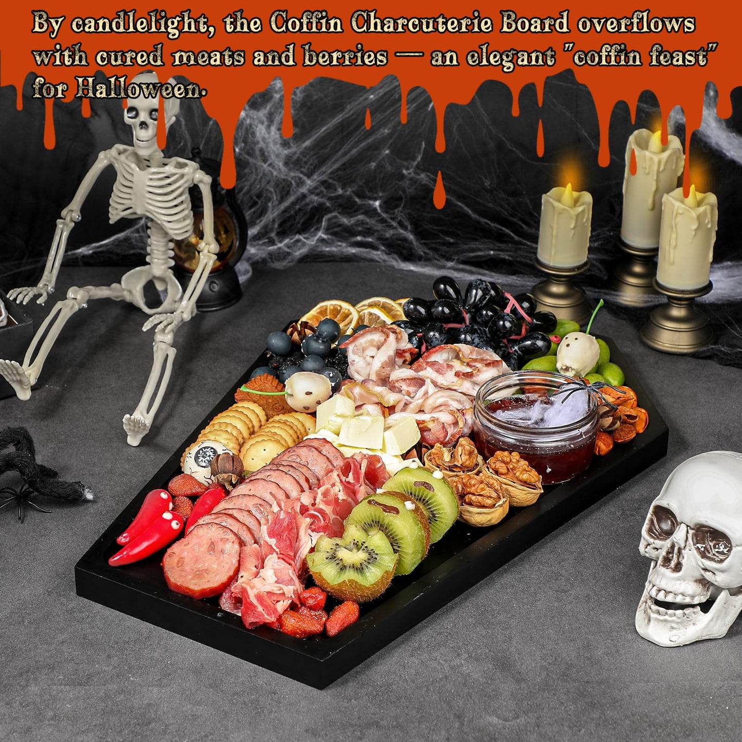 Webake Large Coffin Charcuterie Board - New Skeleton Design, 16.5" x 11.5" Spooky Serving Tray for Ample Food Display, Halloween Wooden Meat & Cheese Board, Perfect Spooky Gothic Decor