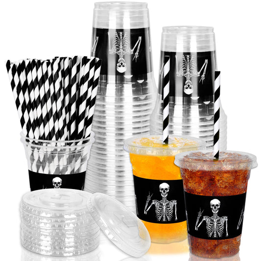 JarThenaAMCS 50Pcs Halloween Disposable Plastic Cups with Lids and Straws 12oz Funny Skeleton Cold Beverage Drinking Cups for Birthday Goth Party Supplies