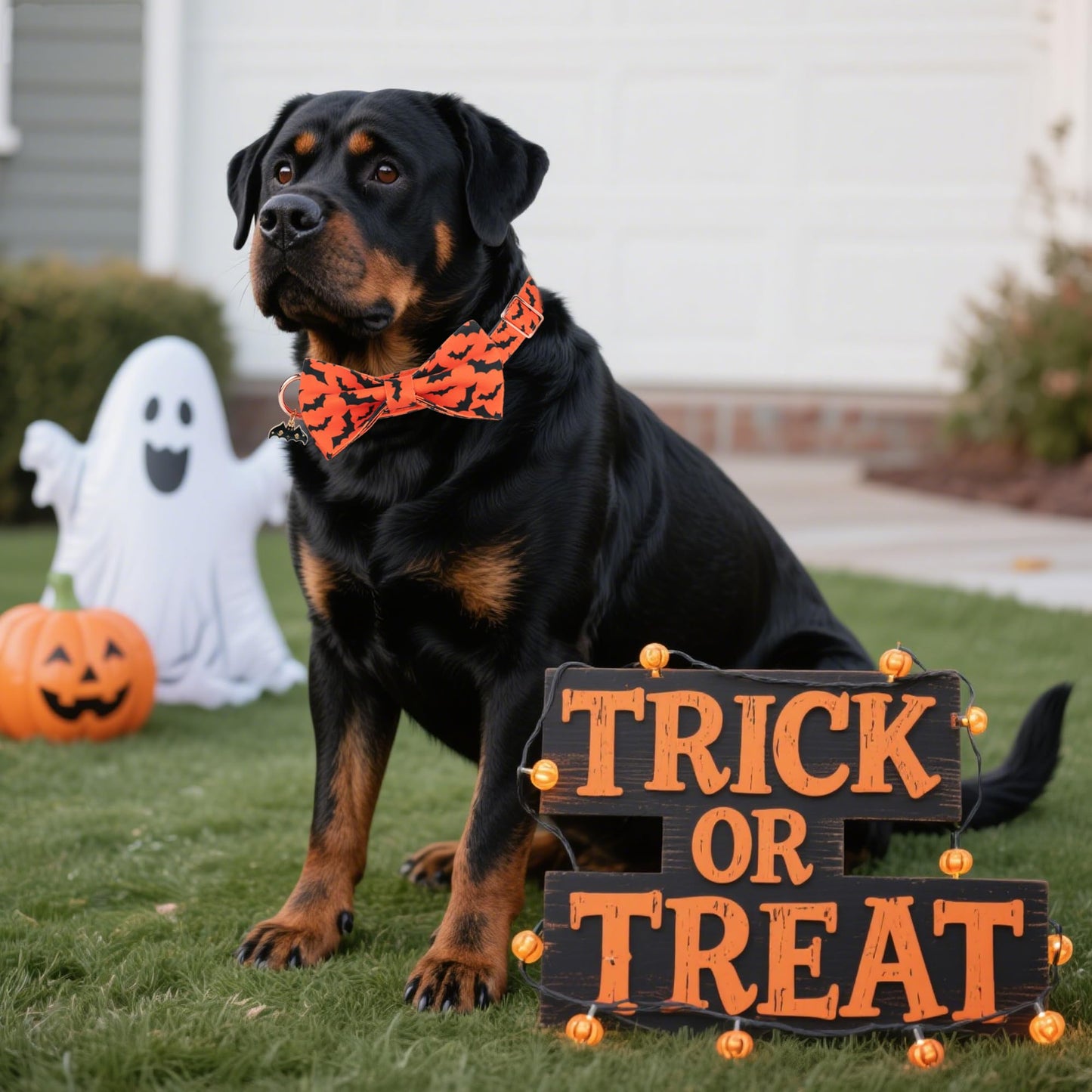 ADOGGYGO Halloween Dog Collar with Bow, Detachable Bat Print Bowtie Charm, Metal Buckle, Adjustable Orange Halloween Collars for Large Dogs Boy Girl (Large)