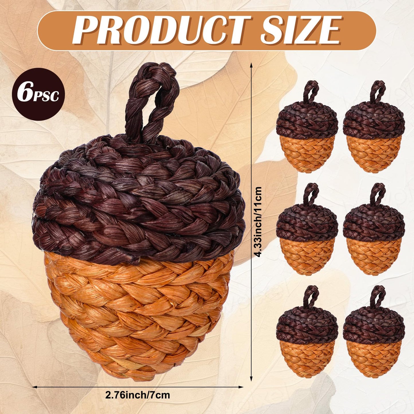 Fuutreo 6 Pcs Fall Rattan Acorn Decor 4 Inch Woven Wicker Corn Husk Artificial Acorn Thanksgiving Table Centerpiece Fall Party Decoration for Rustic Farmhouse Bowl Filler Halloween Autumn Harvest Home