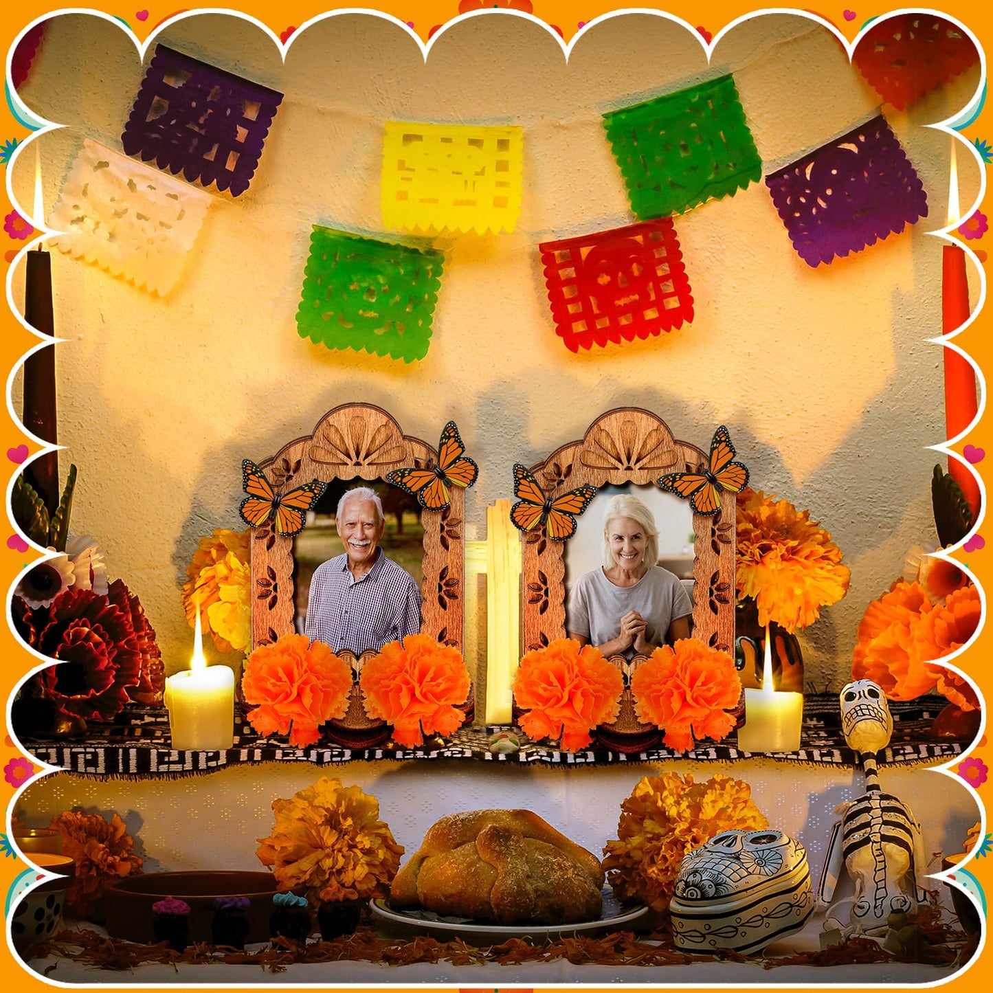 Thyle 60 Pcs Dia De Los Muertos Decorations Picture Frames Kits Day of The Dead Ofrenda Altar with 10 Wooden Photo Frames 30 Artificial Marigold Flower 20 Butterfly for Day of The Dead Decoration