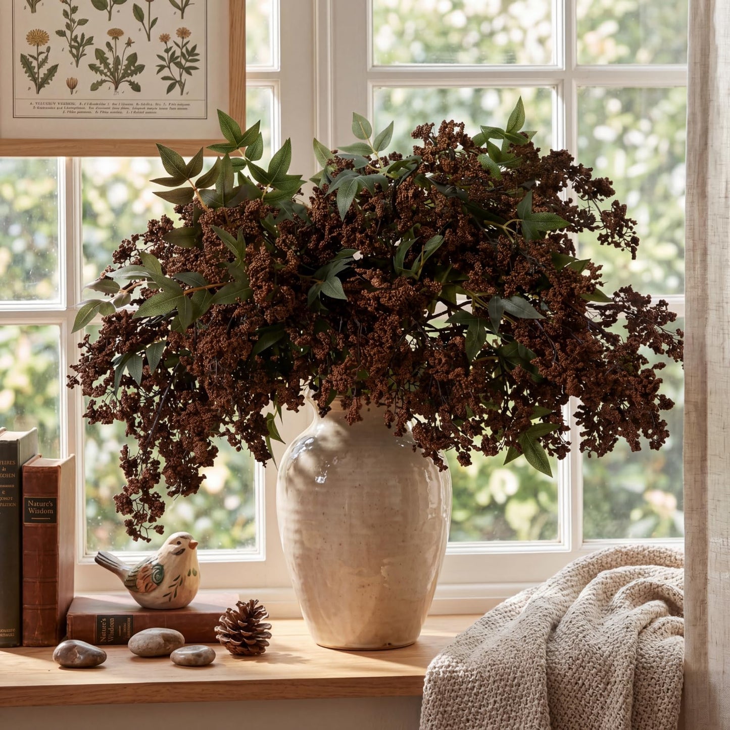 Suncalla 3 Pcs Brown Artificial Nandina Berry Stem for Vase, 47 Inch Dusty Plum Faux Berry Spray Fake Plant Branches with Stems Filler Farmhouse Fall for Home Decor Wedding Holiday Table Mantel Shelf