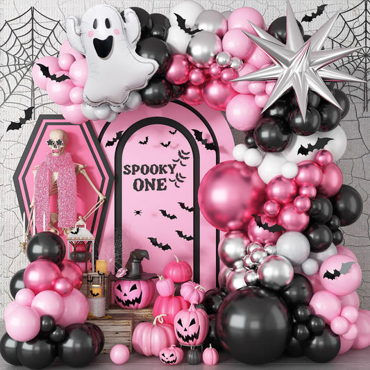 Froova Halloween Balloon Arch Kit, 131 Pcs Pink Black Silver Balloon Garland with 3D Bat Stickers Ghost Star Balloons for Girls Halloween Baby Shower Spooky Birthday Party Decorations