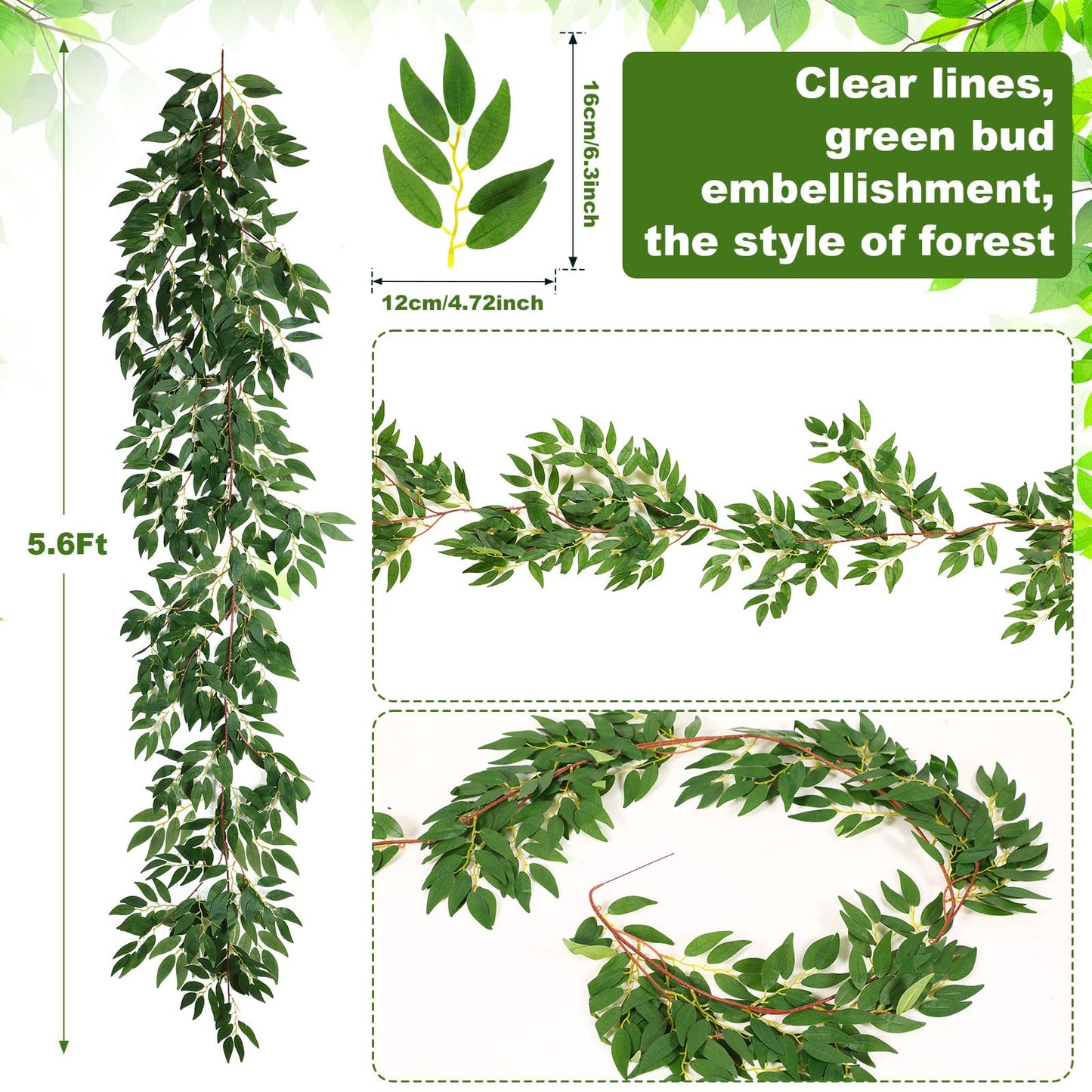 Yunlly 135ft Artificial Faux Greenery Garland Willow Leaves Vines Hanging Willow Vines Leaf Garland for Indoor/Outdoor Wedding Party Decor Wedding Table Centerpieces (Green,12 Pack)
