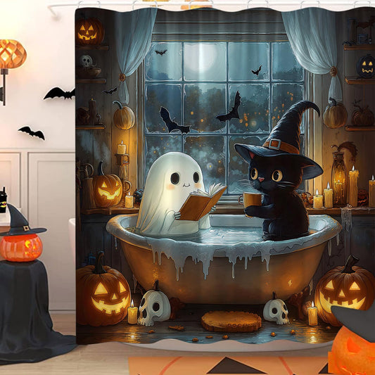 HUSPWP Halloween Funny Ghost Shower Curtain Spooky Gothic Cute Ghost Black Cat Reading in Bathtub Pumpkin Bat Skull Dark Horror Scary Goth Bat Creepy Holiday Fabric Bath Curtain with Hook