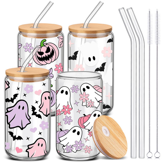 SiliFine 4 Pcs Pink Halloween Glass Cups with Lid and Straw 16 oz Drinking Glasses Halloween Iced Coffee Cups Can Shape Fall Mug Tumbler for Women Men Birthday Party Favor Gift