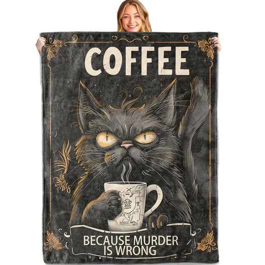 MIEPOS Funny Black Cat Coffee Throw Blanket, 50x60in, Soft, Lightweight Flannel,Grumpy Gothic Cat with Mug and Sarcastic Quote Blankets, Gifts for Adults, for Halloween Office Home Living Room Decor