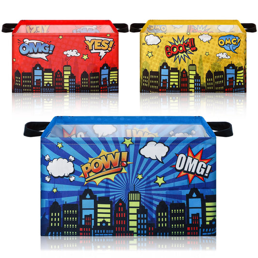 Maxdot 3 Pack Hero Comic Book Storage Themed Basket Large Gifts for Laundry Hamper Basket for Kids Room Nursery Collapsible Toy Clothes Storage Collection Bin(City,Rectangle)