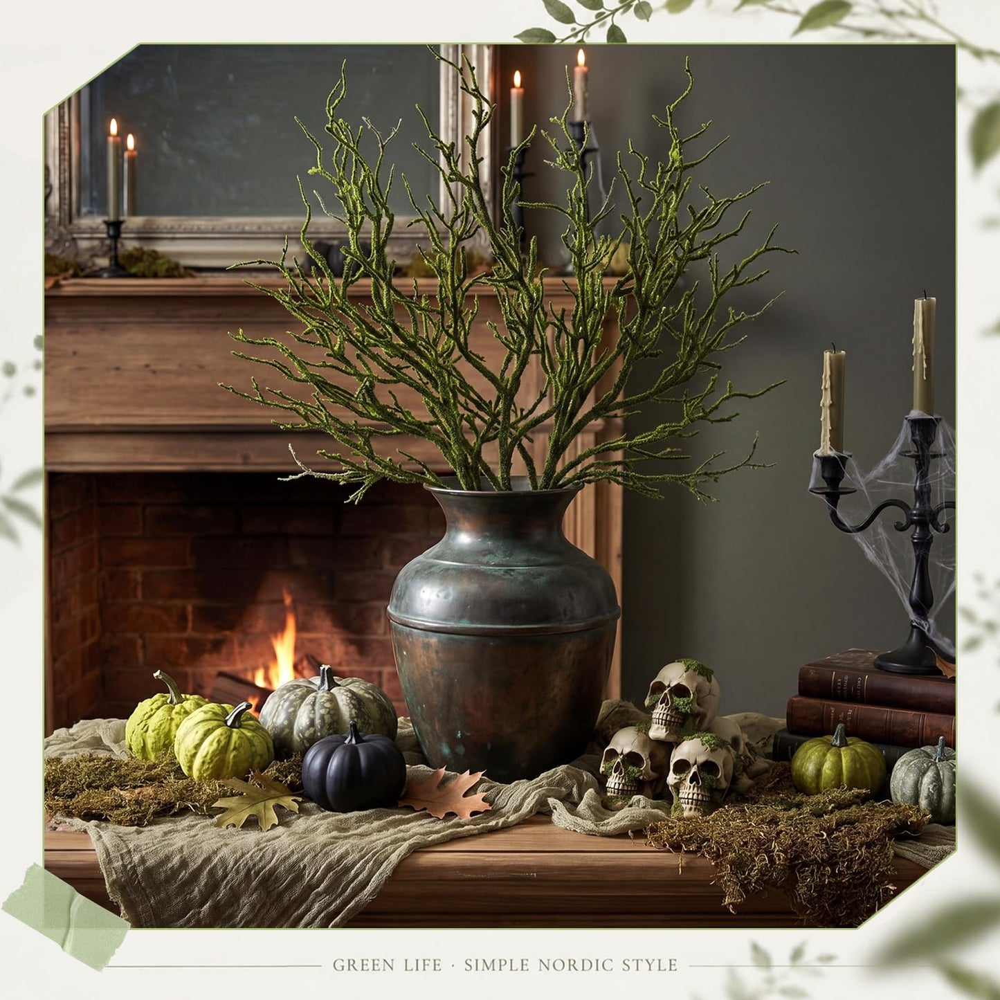 Giegxin 5 Pack 18 Inch Halloween Artificial Moss Branches Rustic Faux Greenery Twigs Bendable Fake Moss Stems for Vase Gothic Witchy Home Decor for Fall Spooky Table Centerpiece Decor
