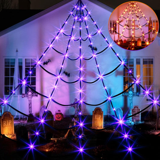 EAMBRITE Giant Spider Web Lights Halloween Decorations Outdoor with 135 LED Purple & Orange Lights, 17Ft Outside Huge Lighted Black Spider Web Halloween Light for Yard Party Haunted House Decor