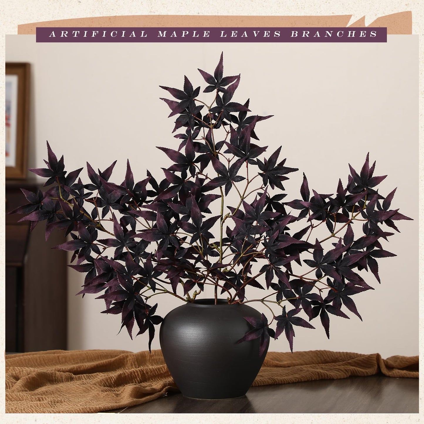Janinka 29" Fall Artificial Japanese Maple Leaves Stem Fake Fall Maple Leaves Stem Autumn Faux Bushes for Vase Farmhouse Table Centerpiece Halloween Thanksgiving Decor 3 Pcs(Black Currant)
