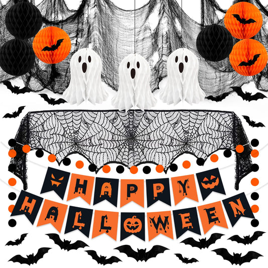 Halloween Party Decorations, 29Pcs Halloween Indoor Decorations Kit with Mantel Scarf Creepy Cloth Fabric Hanging Ghost Happy Halloweens Banner 3D Bat Stickers for Home Fireplace Wall Decor