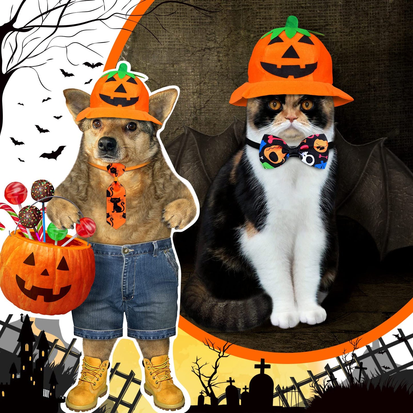 Eccliy 80 Pcs Halloween Dog Bow Ties 40 Dog Bow Ties 40 Pet Neckties Pumpkin Bat Witch Ghost Adjustable Collar Pet Accessories for Cat Halloween Holiday Decoration