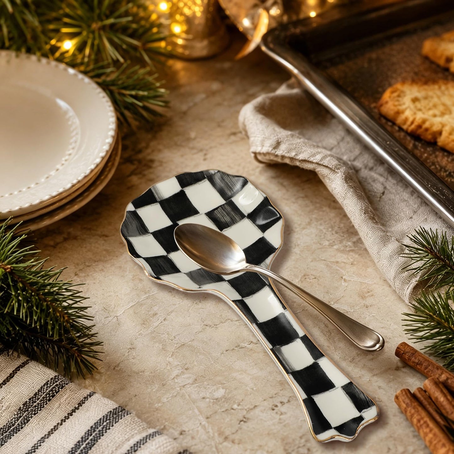 FYSUIMU 8.9 Inch Checkerboard Ceramic Spoon Rest Retro Checkered Scalloped Cooking Spoon Holder with Gold Rim for Stove Top Kitchen Countertop Decor