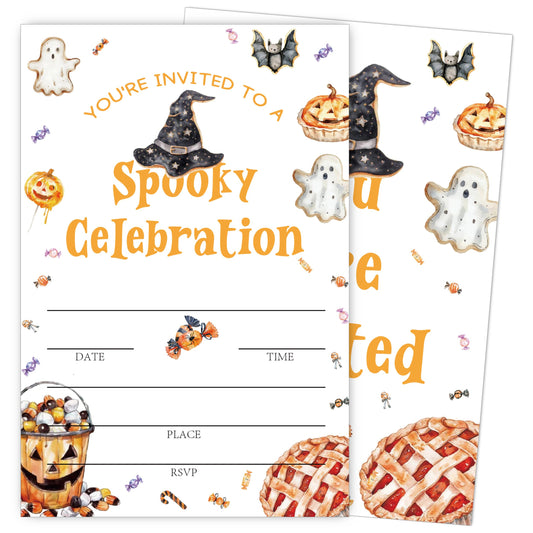 SIXEIGHT Cute Halloween Party Invitations, Funny Ghost Pumpkin Halloween Invitations for Boys Girls, 25 Pack Cute Invite Cards with Envelopes, Wedding Birthday Baby Shower Party Decorations-E10