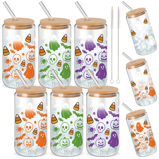 Acellegic 6 Packs Halloween Glass Cups Gifts Boo Baskets Stuffers 16oz Color Changing Cups with Lid Straw Pumpkin Ghost Skull Iced Coffee Drinking Glass Tumbler Halloween Gifts for Women Party Decor