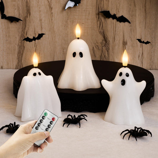 AFINETH Halloween Flameless Candles with Remote, Real Wax Ghost LED Candles, Flickering Battery Operated Fake Candle, Halloween Decorations for Table,Fireplace, Home, Party, Festival Decor (Set of 3)