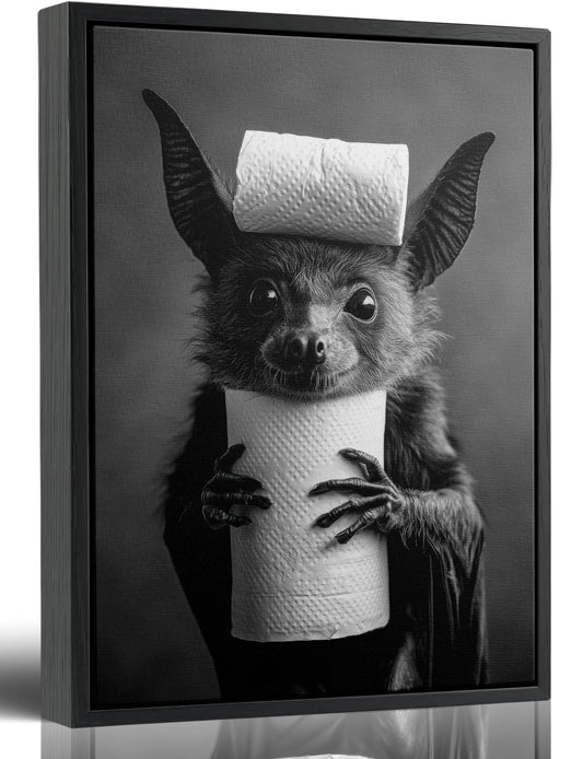 Funny Bat Bathroom Framed Wall Art, Black and White Cute Bat with Toilet Paper Wall Decor, Humorous Animal Bathroom Canvas Print for Restroom, Powder Room, Toilet, Home Decoration 8x10 Inch