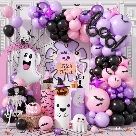 Halloween Balloon Arch Garland, Pink Purple Balloons with Star Cute Ghost Boo Foil Balloon, Metallic Purple Pink Black Latex Balloons Bat Stickers for Kids Girls Birthday Halloween Party Decorations