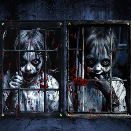 GRMIKBU 2 Pcs Scary Halloween Window Decorations - Ghost Silhouette Window Cover with Bloody Effects, Haunted House Curtain for Indoor Outdoor Horror Party Decoration(Children)