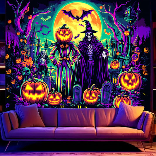 BSFHH Black Light Tapestry – UV Reactive Glow in the Dark Wall Hanging, Spooky Night Scene with Ghosts & Pumpkins, Haunting Home Decor for Parties, Bedroom, or Dorm (Witches & Bats, 90L" x 70W", Unframed)