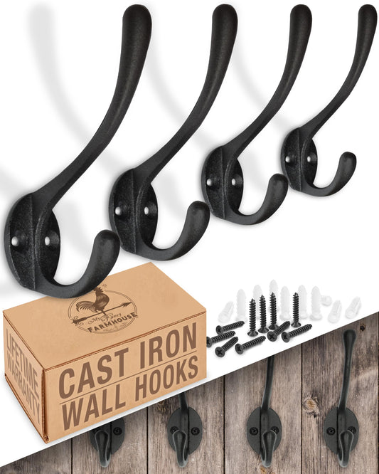 Heavy Duty Cast Iron Wall Hooks (4 Pack) Non Rusting - Exterior or Interior, Easy Installation, Farmhouse, Decorative Hooks for Hanging Coats, Bags, Hats, Towels (Black)