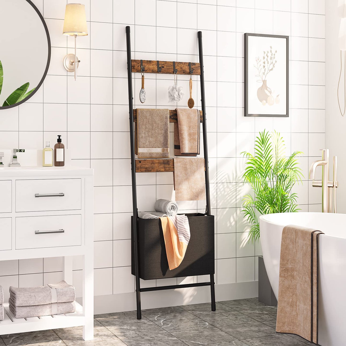 HOOBRO Blanket Ladder with Basket, 17.3”L x 63.4”H, Towel Rack with Hooks, Blanket Holder Rack, Decorative Ladder Shelf, Drying and Display Rack for Bathroom, Living Room, Rustic Brown BF31CJ01