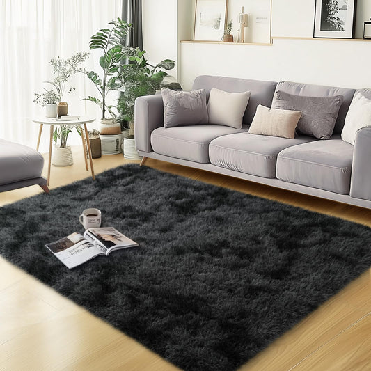 qulint Black Grey Area Rugs for Bedroom, 3x5 Area Rug for Kid Room Fluffy Soft Shag Rug for Living Room, Small Fuzzy Plush Shaggy Alfombras for Dorm Nursery Home Decor (3ft x 5ft, Tie-dyed Black Gray)