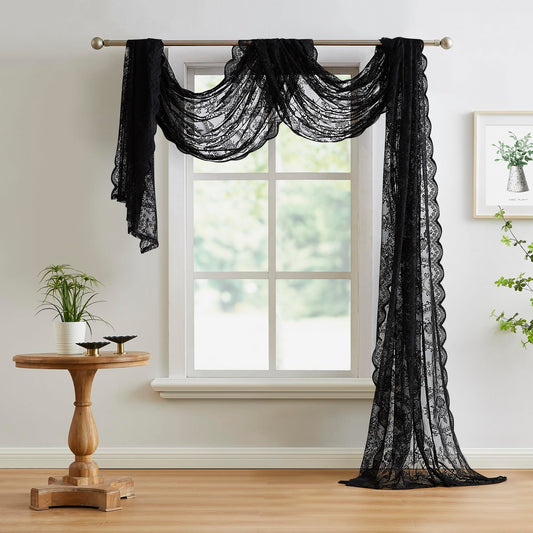 NOIR GOTHIC DECOR Black Window Scarf 144 Inches Long. Lace Window Scarf for Goth Decor or Victorian Decor. Gothic Window Scarves Can Be Used as Bed Canopy Curtains or Lace Fabric. LE Black 144