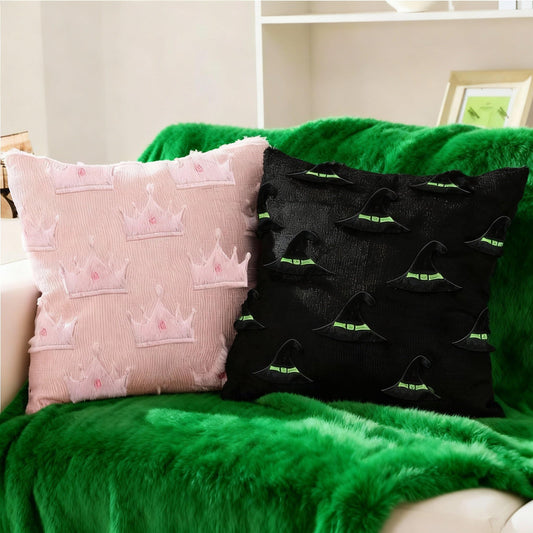 Mindsoft Set of 2 Witch Hat and Pink Crown Pillow Covers for Girls 18x18 Inch Witch Theme Throw Pillow Cases Soft Plush Cushion Covers for Christmas Halloween Sofa Couch Living Room