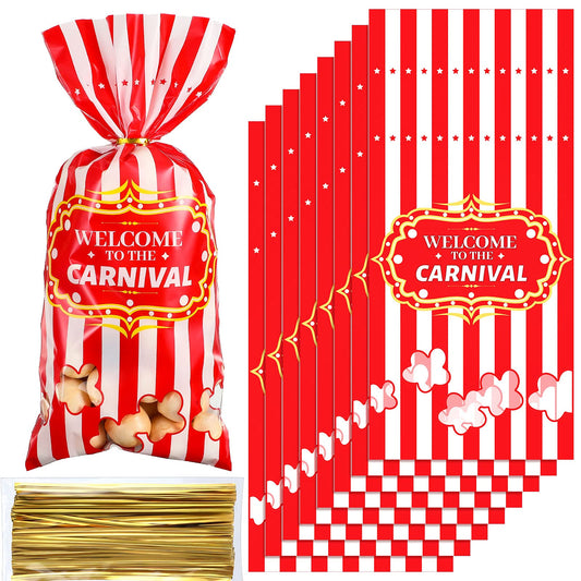 Epakh 200 Packs Carnival Candy Bags Circus-themed Plastic Party Treat Bags with Popcorn Pattern and Gold Twisted Ties for Carnival Birthday Party Favors, Cookies, and Cupcakes (Simple)