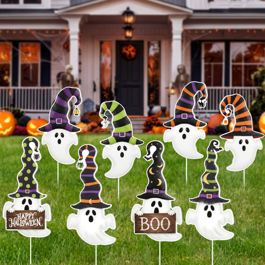 Junkin 8 Pack Halloween Ghost Outdoor Decorations Yard Plastic Signs Stakes with Witch Hats for Outside Lawn Patio Decorations, Ghost Decor Yard Signs with Stakes for Garden Outdoor Halloween Party