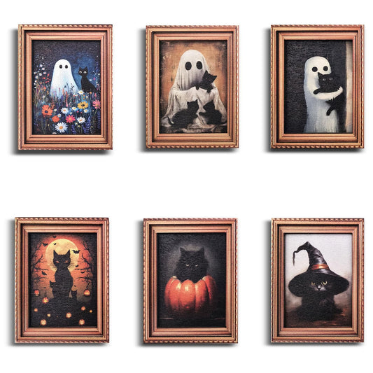 Halloween Fridge Magnets Cute Ghost with Black Cat 3D Wood Magnet Art Frame Designs Decorations for Refrigerator Garage Door or Kitchen Removable Indoor Outdoor Magnetic Decals 6Pcs